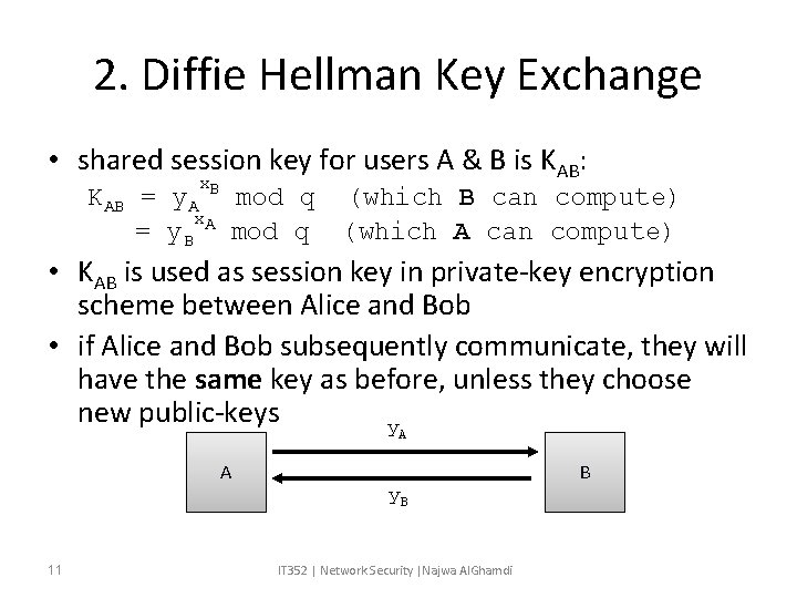 2. Diffie Hellman Key Exchange • shared session key for users A & B 2. Diffie Hellman Key Exchange • shared session key for users A & B