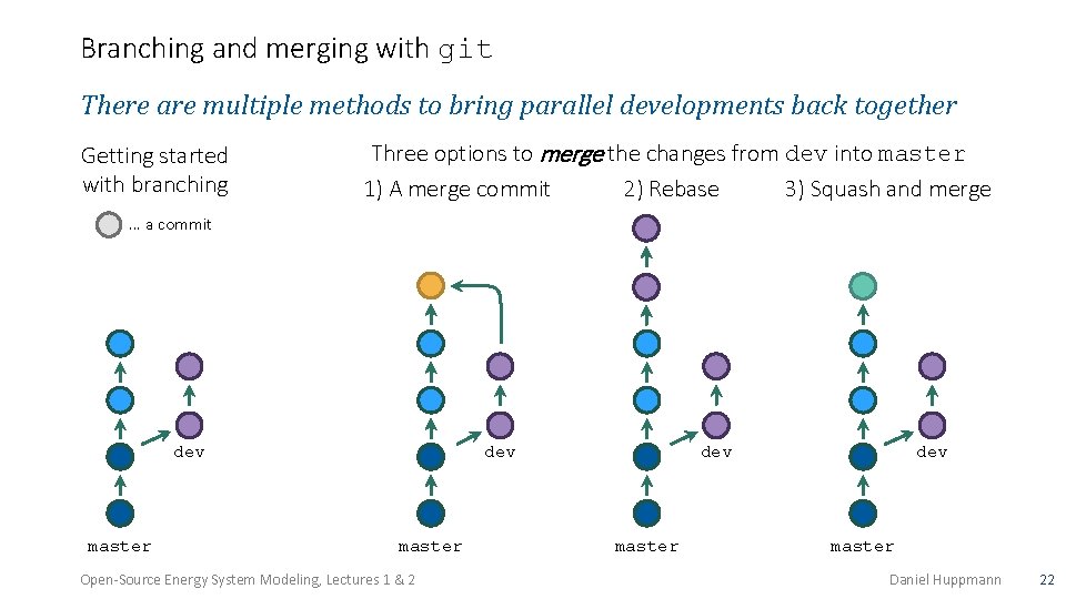 Branching and merging with git There are multiple methods to bring parallel developments back