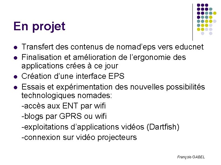 En projet l l Transfert des contenus de nomad’eps vers educnet Finalisation et amélioration