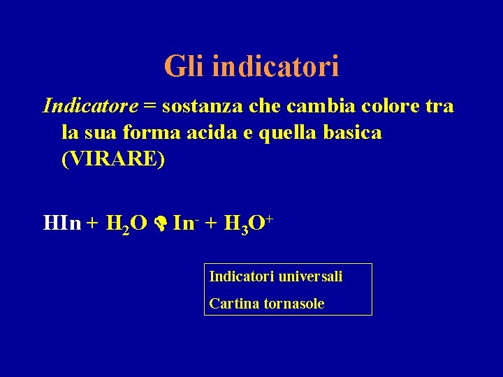 Gli indicatori Indicatore = sostanza che cambia colore tra la sua forma acida e