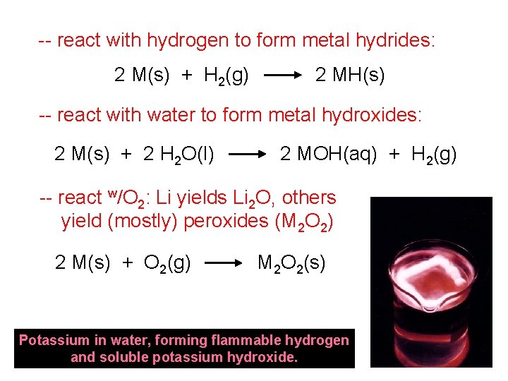 -- react with hydrogen to form metal hydrides: 2 M(s) + H 2(g) 2