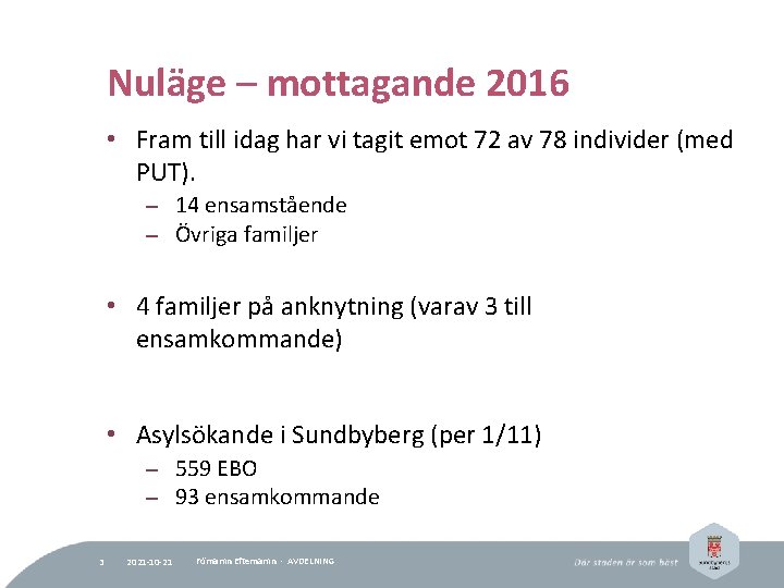 Nuläge – mottagande 2016 • Fram till idag har vi tagit emot 72 av