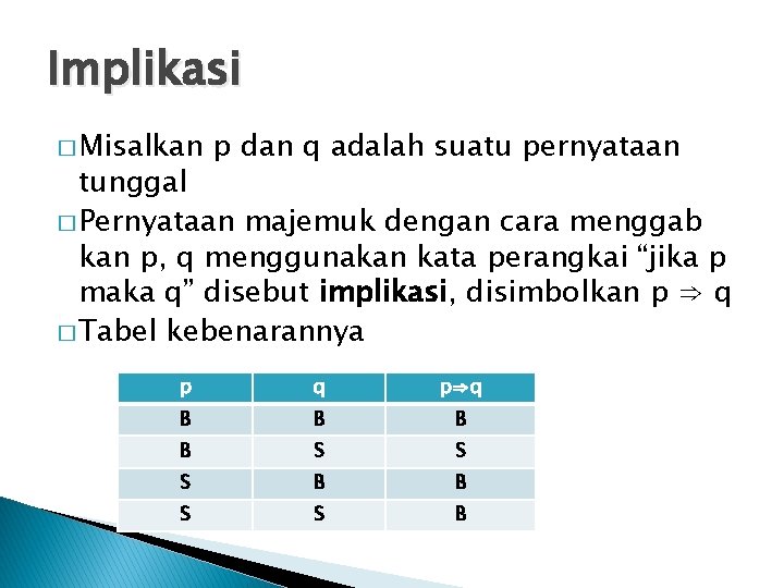 Implikasi � Misalkan p dan q adalah suatu pernyataan tunggal � Pernyataan majemuk dengan Implikasi � Misalkan p dan q adalah suatu pernyataan tunggal � Pernyataan majemuk dengan