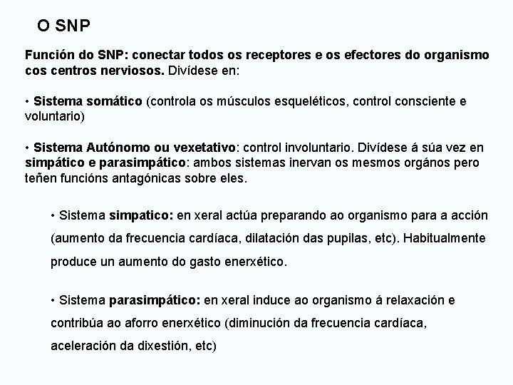 O SNP Función do SNP: conectar todos os receptores e os efectores do organismo