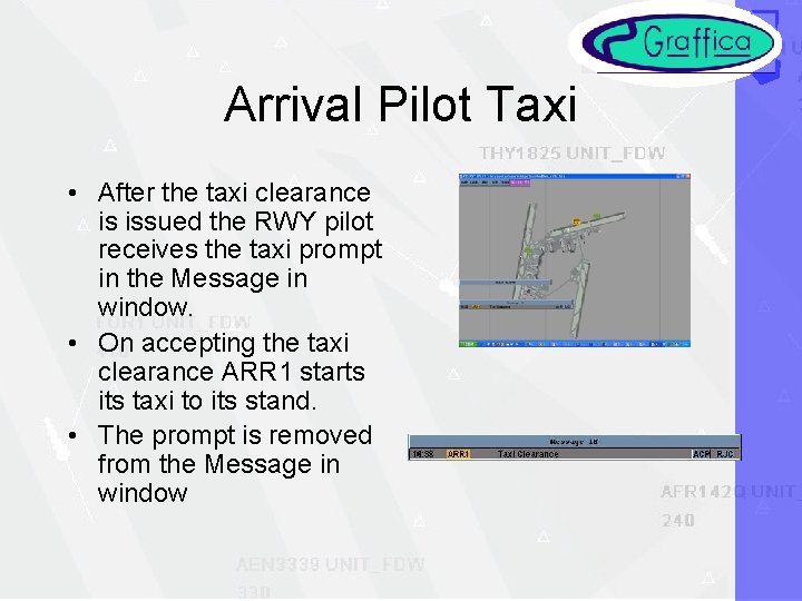 Arrival Pilot Taxi • After the taxi clearance is issued the RWY pilot receives