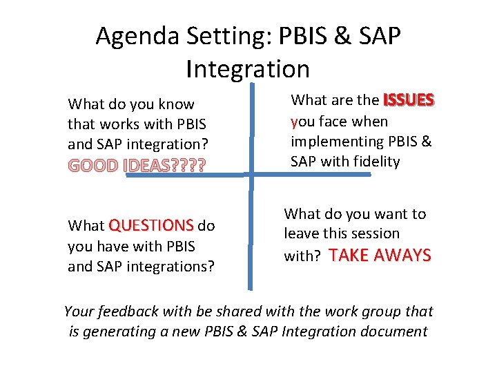 Agenda Setting: PBIS & SAP Integration What do you know that works with PBIS