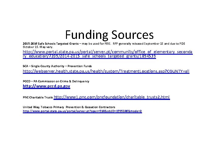Funding Sources 2015 -2016 Safe Schools Targeted Grants – may be used for PBIS.