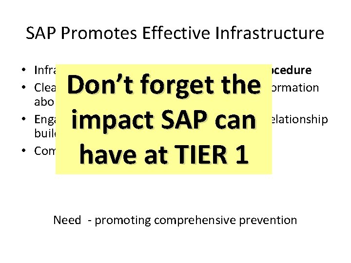 SAP Promotes Effective Infrastructure • Infrastructure – Admin Support, Policy & Procedure • Clear