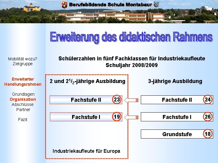 Mobilität wozu? Zielgruppe Erweiterter Handlungsrahmen Grundlagen Organisation Abschlüsse Partner Fazit Schülerzahlen in fünf Fachklassen