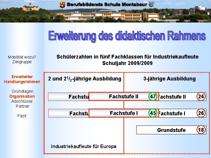 Mobilität wozu? Zielgruppe Erweiterter Handlungsrahmen Grundlagen Organisation Abschlüsse Partner Fazit Schülerzahlen in fünf Fachklassen