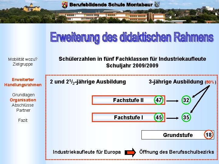 Mobilität wozu? Zielgruppe Erweiterter Handlungsrahmen Grundlagen Organisation Abschlüsse Partner Fazit Schülerzahlen in fünf Fachklassen