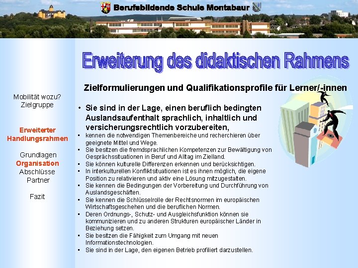 Zielformulierungen und Qualifikationsprofile für Lerner/-innen Mobilität wozu? Zielgruppe Erweiterter Handlungsrahmen Grundlagen Organisation Abschlüsse Partner