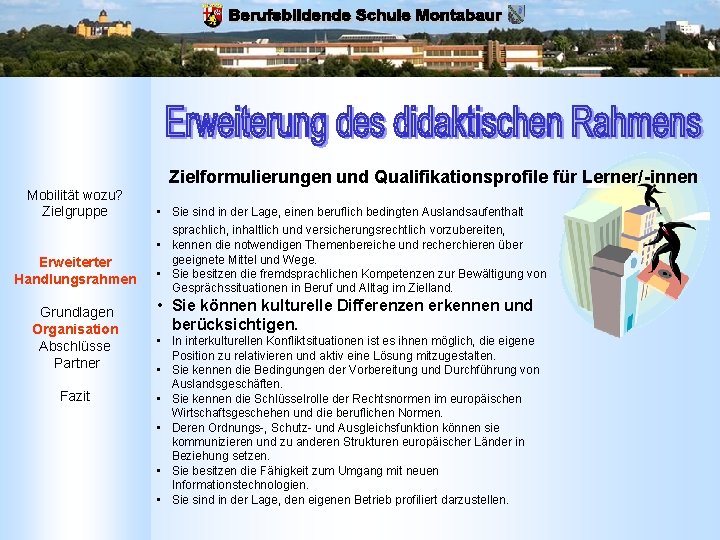 Zielformulierungen und Qualifikationsprofile für Lerner/-innen Mobilität wozu? Zielgruppe Erweiterter Handlungsrahmen Grundlagen Organisation Abschlüsse Partner