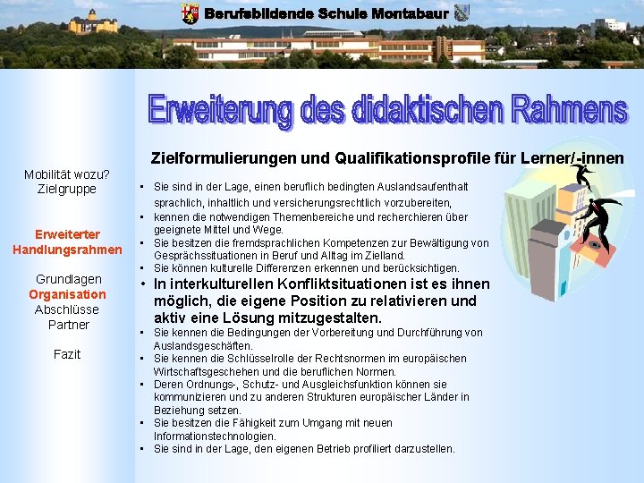 Zielformulierungen und Qualifikationsprofile für Lerner/-innen Mobilität wozu? Zielgruppe Erweiterter Handlungsrahmen Grundlagen Organisation Abschlüsse Partner