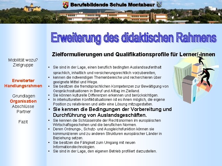 Zielformulierungen und Qualifikationsprofile für Lerner/-innen Mobilität wozu? Zielgruppe Erweiterter Handlungsrahmen Grundlagen Organisation Abschlüsse Partner