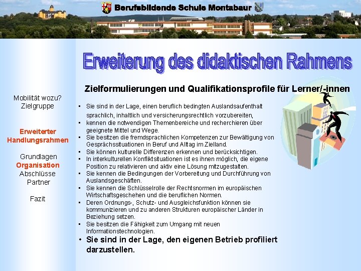 Zielformulierungen und Qualifikationsprofile für Lerner/-innen Mobilität wozu? Zielgruppe Erweiterter Handlungsrahmen Grundlagen Organisation Abschlüsse Partner