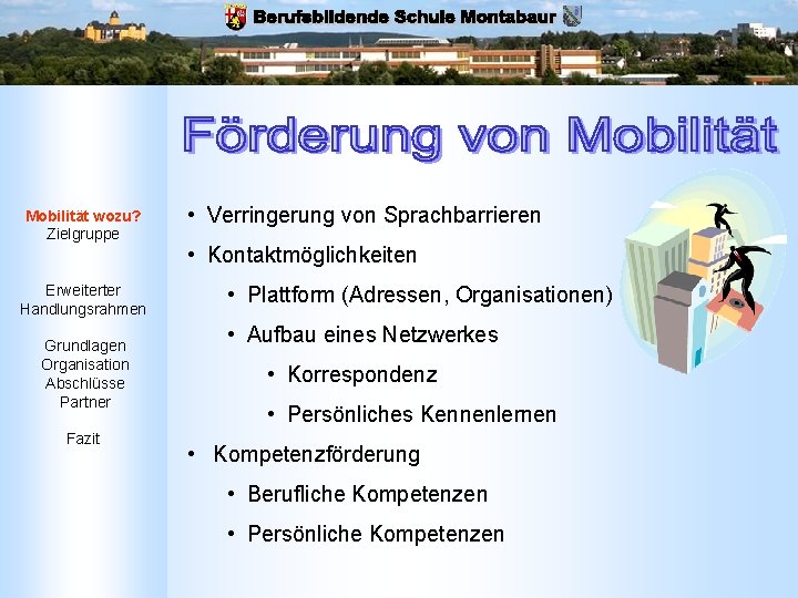 Mobilität wozu? Zielgruppe Erweiterter Handlungsrahmen Grundlagen Organisation Abschlüsse Partner Fazit • Verringerung von Sprachbarrieren