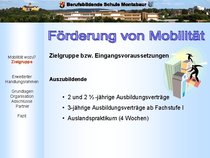 Mobilität wozu? Zielgruppe Erweiterter Handlungsrahmen Grundlagen Organisation Abschlüsse Partner Fazit Zielgruppe bzw. Eingangsvoraussetzungen Auszubildende