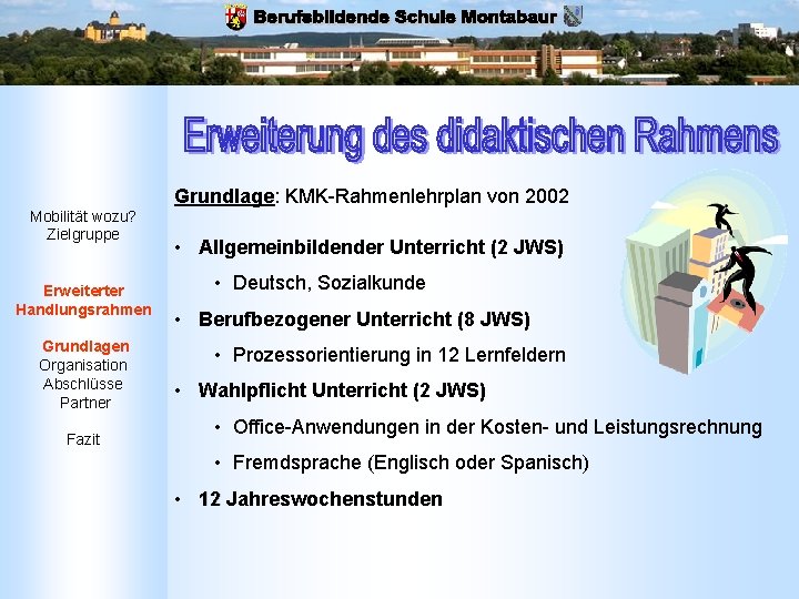 Mobilität wozu? Zielgruppe Erweiterter Handlungsrahmen Grundlagen Organisation Abschlüsse Partner Fazit Grundlage: KMK-Rahmenlehrplan von 2002