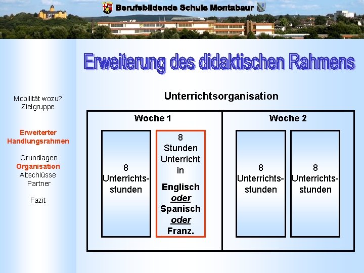 Unterrichtsorganisation Mobilität wozu? Zielgruppe Woche 1 Erweiterter Handlungsrahmen Grundlagen Organisation Abschlüsse Partner Fazit 8