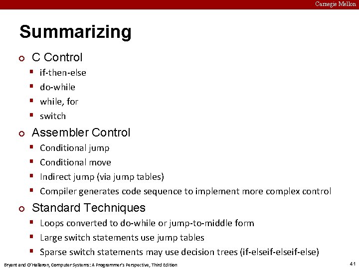 Carnegie Mellon Summarizing ¢ C Control § § ¢ Assembler Control § § ¢