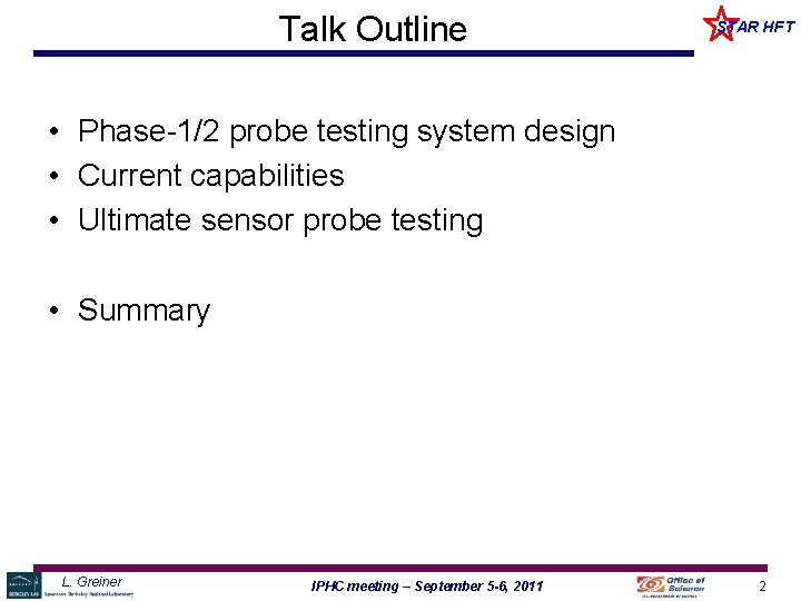 Talk Outline STAR HFT • Phase-1/2 probe testing system design • Current capabilities •