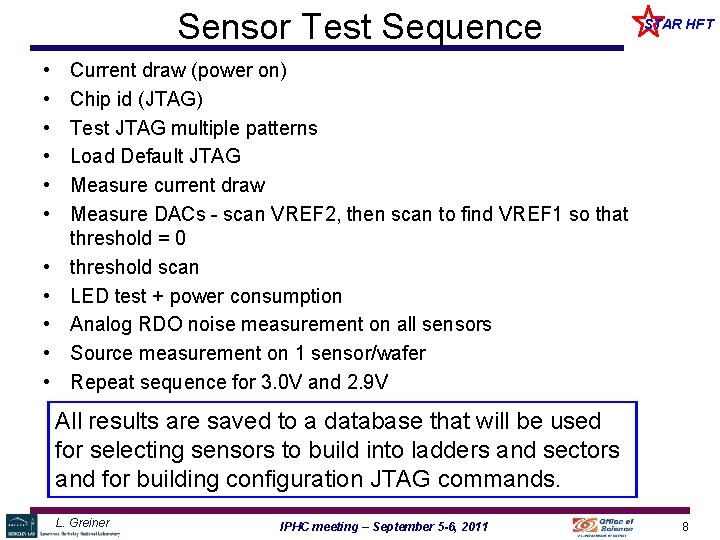 Sensor Test Sequence • • • STAR HFT Current draw (power on) Chip id