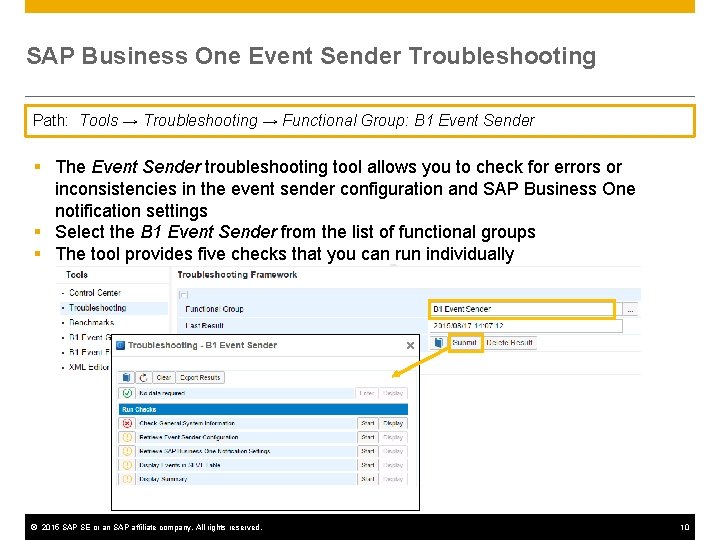 SAP Business One Event Sender Troubleshooting Path: Tools → Troubleshooting → Functional Group: B