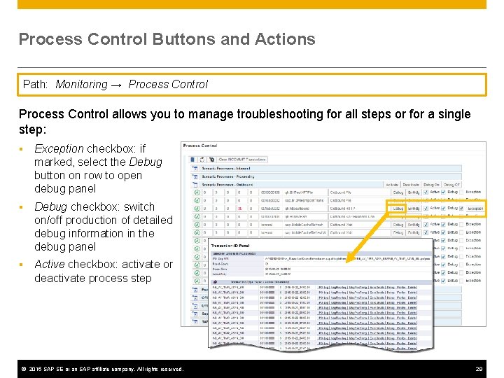 Process Control Buttons and Actions Path: Monitoring → Process Control allows you to manage