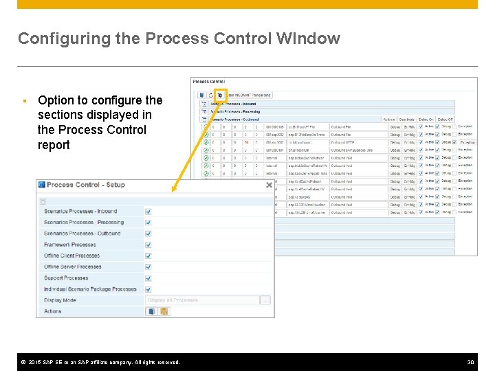 Configuring the Process Control WIndow § Option to configure the sections displayed in the