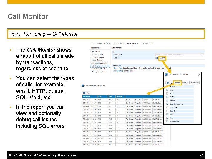 Call Monitor Path: Monitoring → Call Monitor § The Call Monitor shows a report