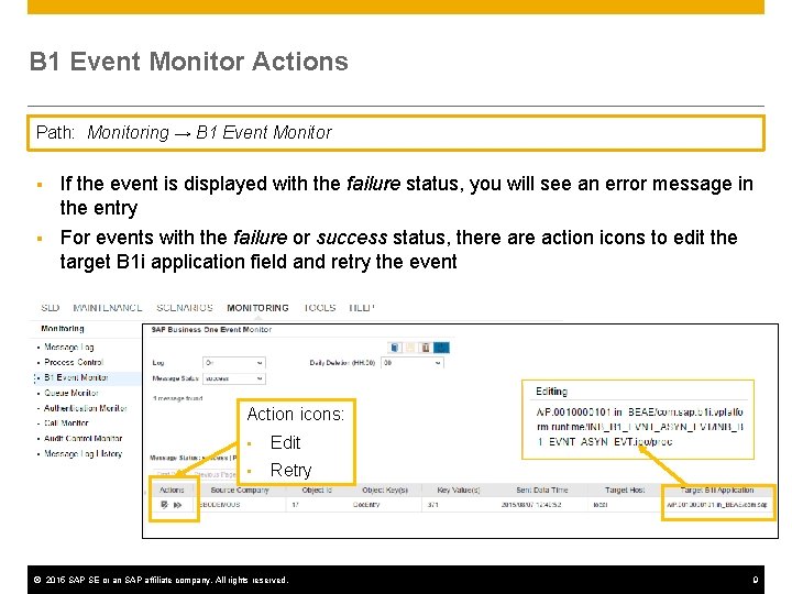 B 1 Event Monitor Actions Path: Monitoring → B 1 Event Monitor § If