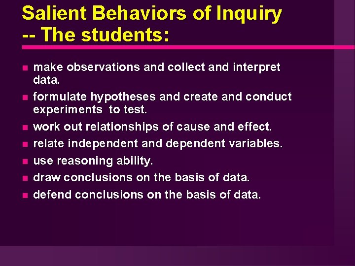 Salient Behaviors of Inquiry -- The students: make observations and collect and interpret data.