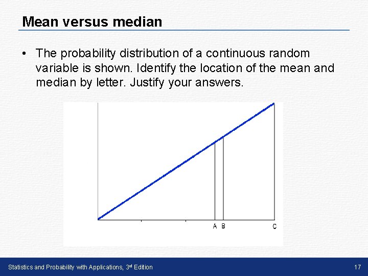 Mean versus median • The probability distribution of a continuous random variable is shown.