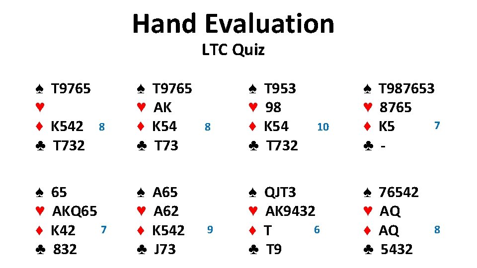 Hand Evaluation LTC Quiz ♠ T 9765 ♥ ♦ K 542 ♣ T 732