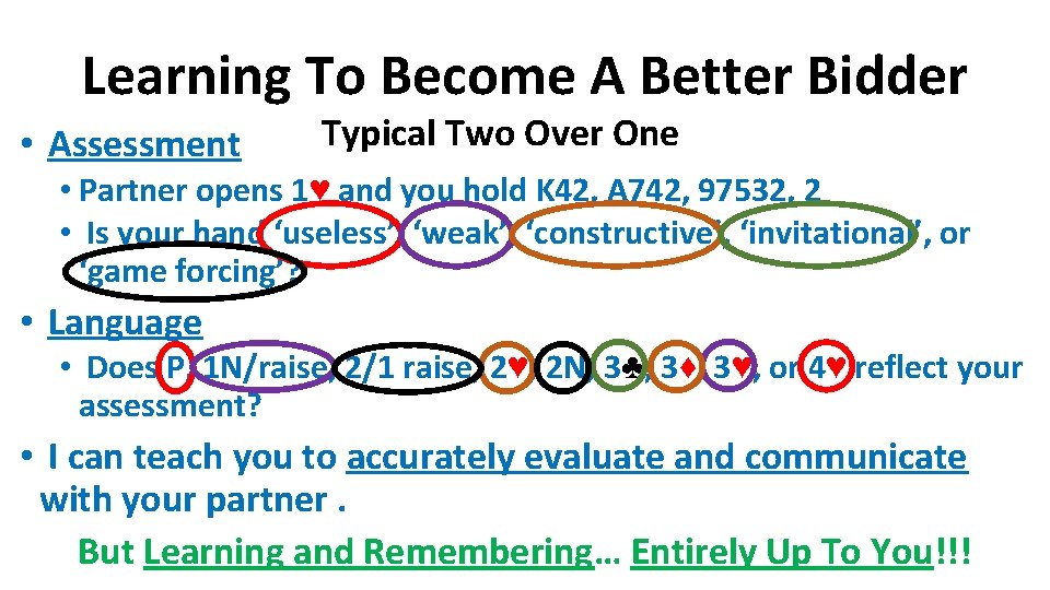 Learning To Become A Better Bidder • Assessment Typical Two Over One • Partner