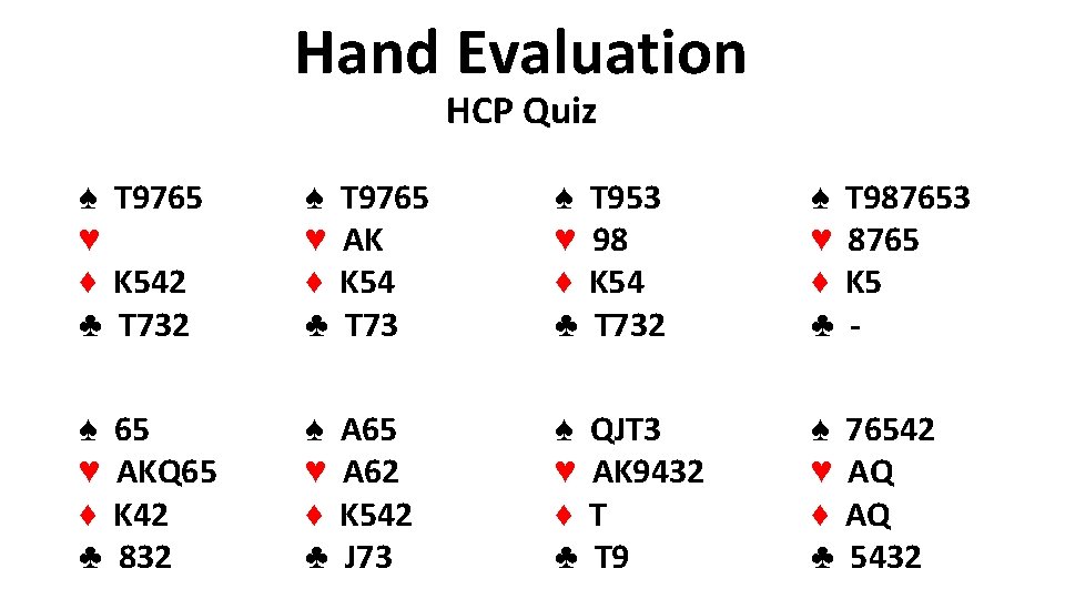 Hand Evaluation HCP Quiz ♠ T 9765 ♥ ♦ K 542 ♣ T 732