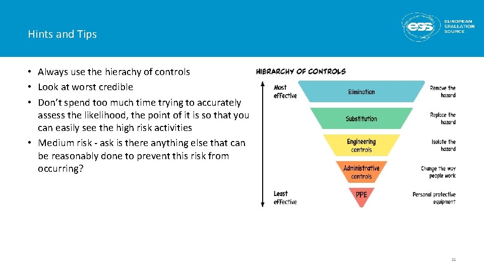 Hints and Tips • Always use the hierachy of controls • Look at worst