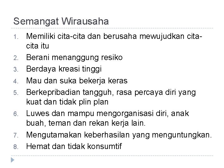 Semangat Wirausaha 1. 2. 3. 4. 5. 6. 7. 8. Memiliki cita-cita dan berusaha