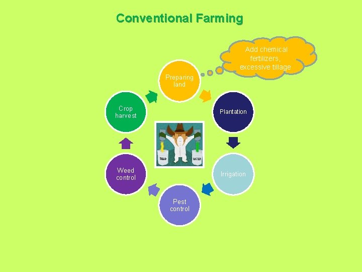Conventional Farming Add chemical fertilizers, excessive tillage Preparing land Crop harvest Plantation Weed control