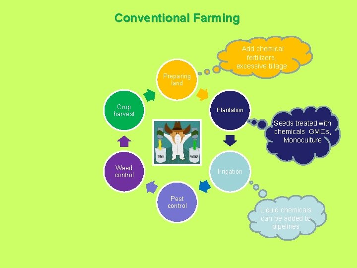 Conventional Farming Add chemical fertilizers, excessive tillage Preparing land Crop harvest Plantation Seeds treated