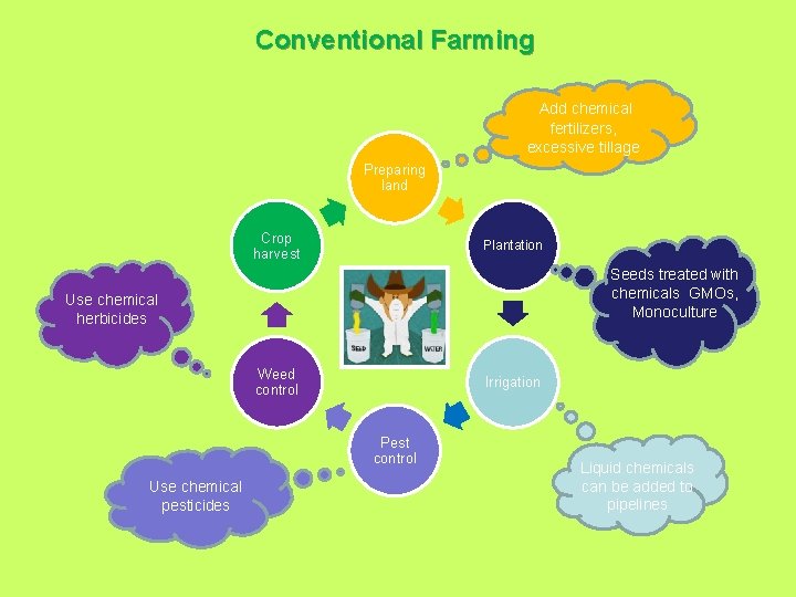 Conventional Farming Add chemical fertilizers, excessive tillage Preparing land Crop harvest Plantation Seeds treated