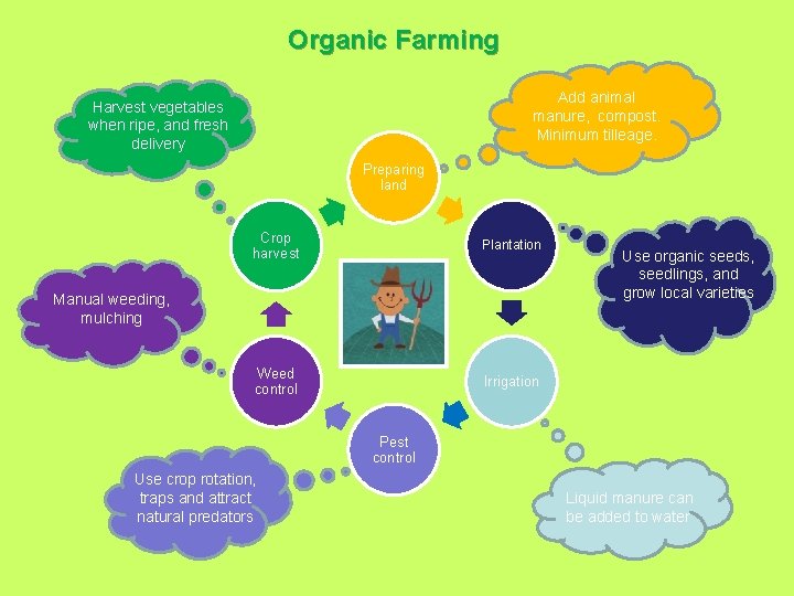 Organic Farming Add animal manure, compost. Minimum tilleage. Harvest vegetables when ripe, and fresh