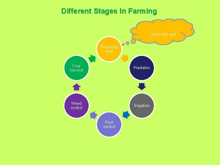 Different Stages In Farming Work the soil Preparing land Crop harvest Plantation Weed control