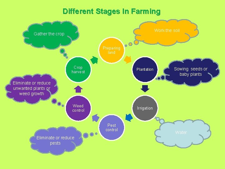Different Stages In Farming Work the soil Gather the crop Preparing land Crop harvest
