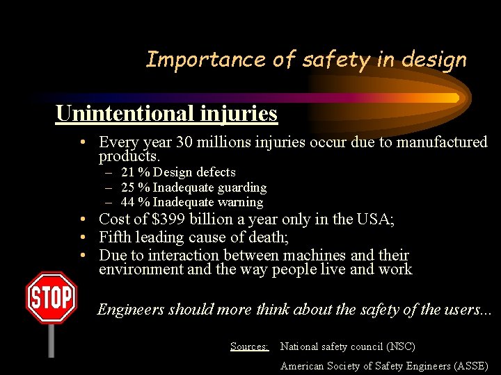 Importance of safety in design Unintentional injuries • Every year 30 millions injuries occur