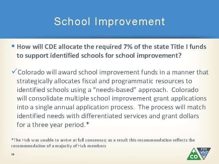 School Improvement § How will CDE allocate the required 7% of the state Title