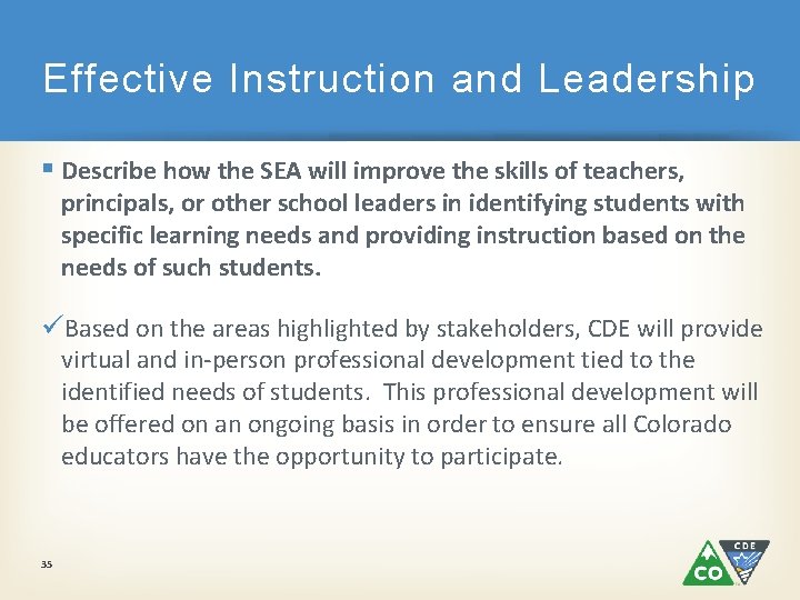 Effective Instruction and Leadership § Describe how the SEA will improve the skills of