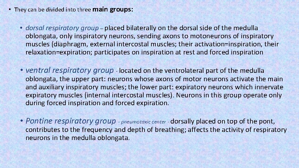  • They can be divided into three main groups: • dorsal respiratory group
