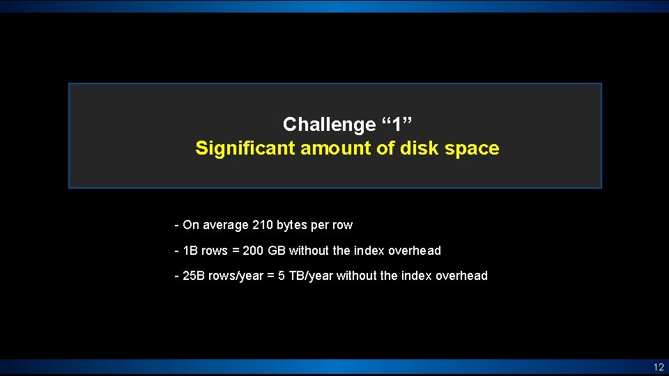 Challenge “ 1” Significant amount of disk space - On average 210 bytes per